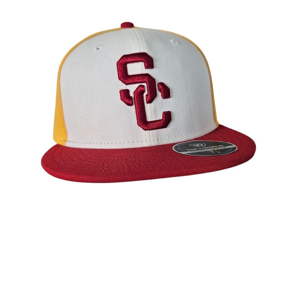 Top of the World NWT Fitted Hat 7 1/4 White Yellow Red USC Trojans Flat Brim Cap